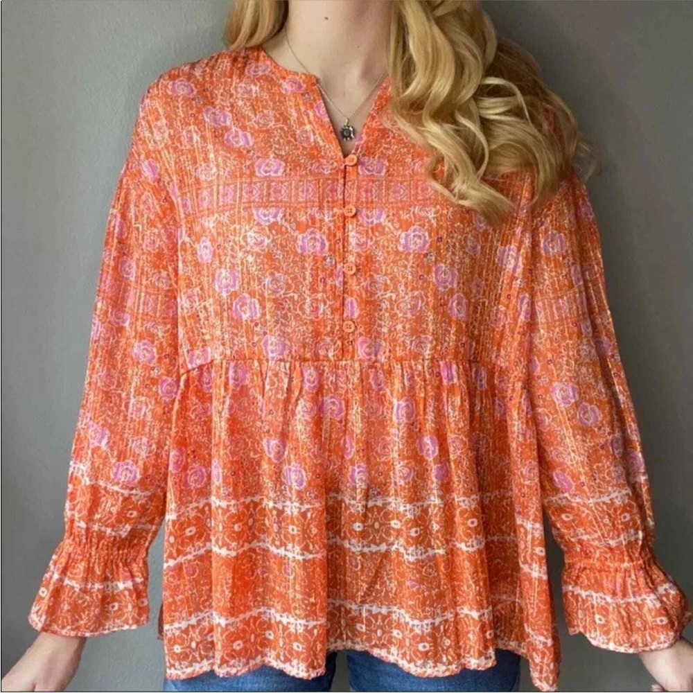 RD and KoKo Vibrant Orange Floral Sheer Bohemian Blouse Size Large